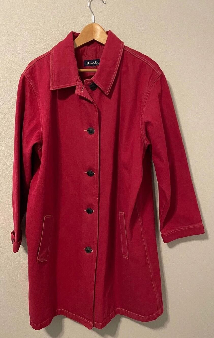 Denim & Co Chore Barn Coat Womens Size 2X Red Denim Button Front Lined Long READ